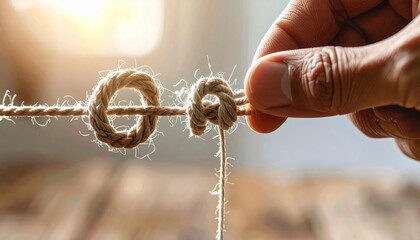 Close-Up of Hand Tying a Knot with Natural Twine in Soft Light