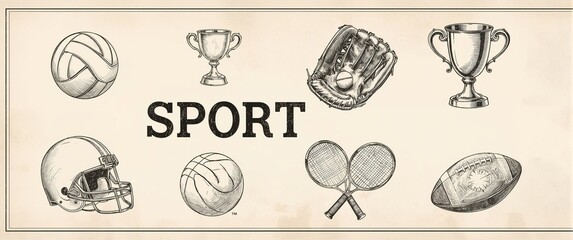 Vintage graphic design showcasing various sports equipment and trophies.