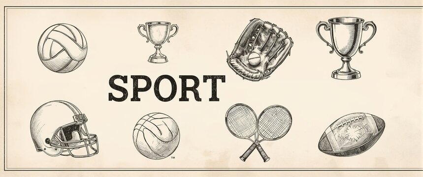 Vintage graphic design showcasing various sports equipment and trophies.