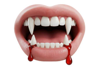 Isolated Mouth with Fangs and Blood, Vampire Look, Halloween Celebration, Scary Teeth