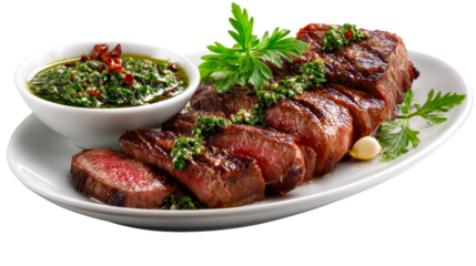 Gourmet Grilled Steak Slices with Savory Green Sauce and Garnish, cut out transparent