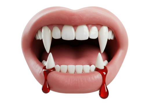 Isolated Mouth with Fangs and Blood, Vampire Look, Halloween Celebration, Scary Teeth