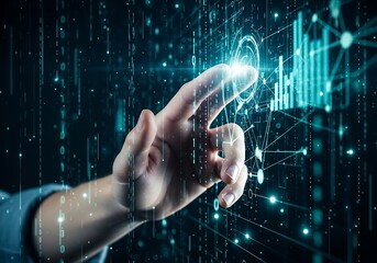 Hand touching futuristic digital interface with glowing data