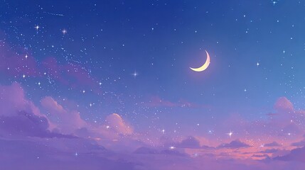 Fototapeta premium A serene night sky with a gradient from deep blue to light lavender a glowing crescent moon at the upper center countless twinkling stars and faint wispy clouds creating a calm dreamy and tranquil atm