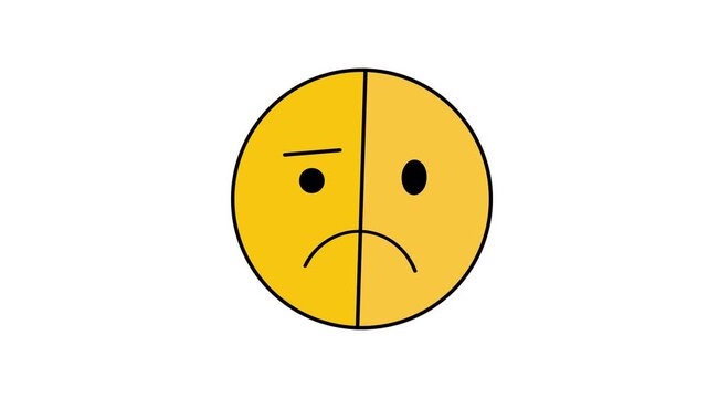 Animated emotional twofaced emoji shows happy and sad expressions. Suitable for expressing mixed emotions in graphic design and social media content.