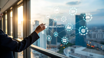 Businesswoman interacts with a glowing digital network interface highlighting productivity and growth concepts against a city skyline backdrop