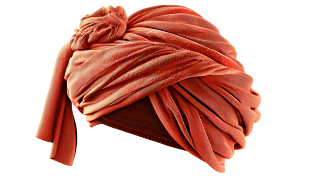 Orange Fabric Turban Headwear Folded With Deep Pleats, cut out transparent
