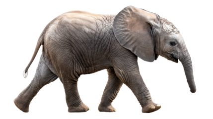Young African elephant walking isolated on white background, cut out transparent