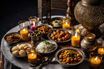Ramadan iftar spread with glowing candles and traditional dishes food lanterns