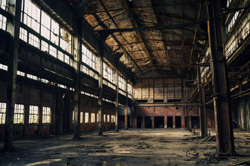 Obraz premium Vast abandoned factory interior with broken windows and rusted metal beams industrial