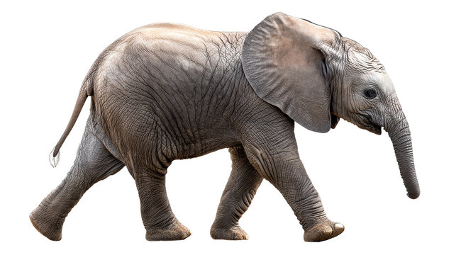Young African elephant walking isolated on white background, cut out transparent