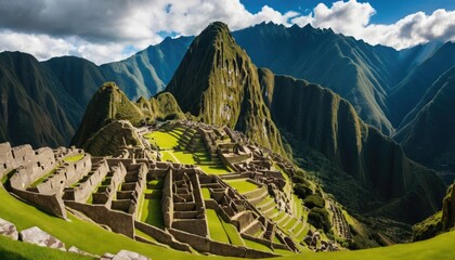 Historic Inca ruins of Machu Picchu with green terraces