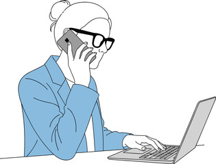 Businesswoman talking on phone, working on laptop, multitasking professional, modern office concept, communication technology, remote work illustration, digital workspace.