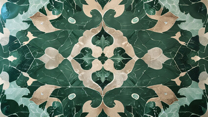 Ornate Green and Beige Marble Mosaic Tile Pattern - Decorative Floor or Wall
