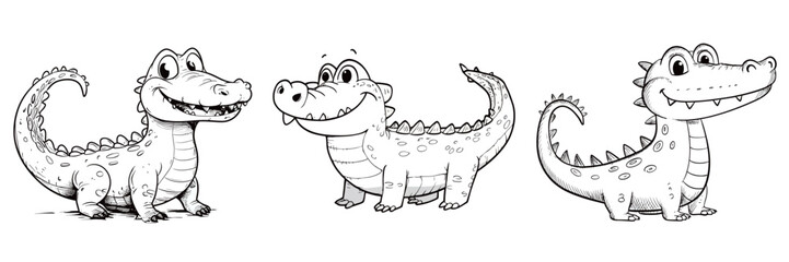 Fototapeta premium Three cartoon crocodiles display various playful expressions and poses. Each character has a unique design, enhancing their whimsical nature. Perfect for children's illustrations or animations.