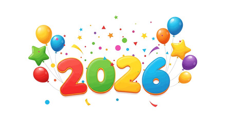 Celebrate the New Year 2026 with vibrant balloons, confetti, and stars, a joyful design perfect for announcements, greetings, and festive occasions, a visual burst of color and happiness!