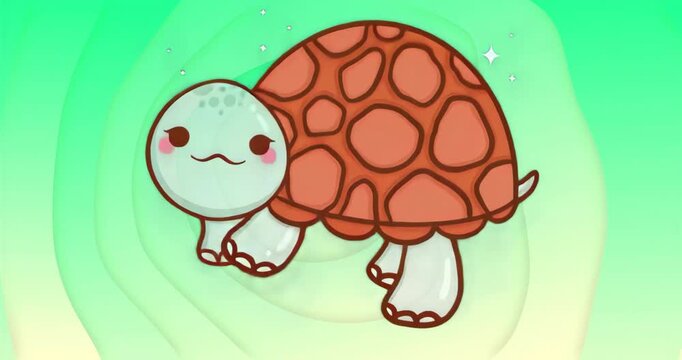 When sequence begins, mint-green headed turtle stepping right as sparkles brightening for magic