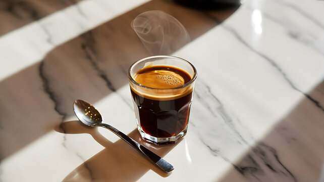 Steaming Espresso Shot on Marble Tabletop with Spoon, Modern Minimalism Aesthetic Perfect for Coffee Lovers and Cafe Ambiance