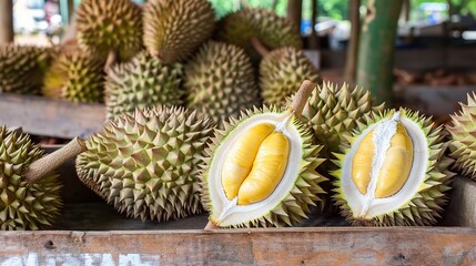 Fresh durian with spiky brown outer shell, partially opened to reveal creamy yellow flesh inside, placed on a dark wooden table with a small knife beside it, emitting its distinct aroma