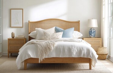 Modern bedroom with rattan headboard, wooden nightstands, stylish lamp and white walls