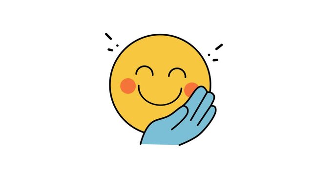 Animated feeling expression of smug satisfaction as a blue hand cradles smirking face emoji showing digital playfulness. Perfect for digital content creators.