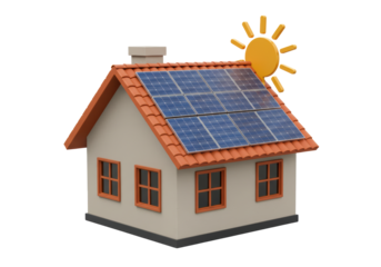 Isolated low-poly house with solar panels on the roof for sustainable energy concept