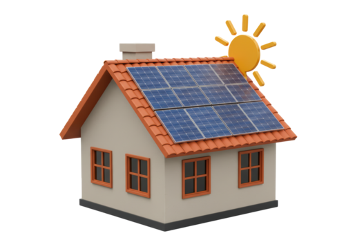 Isolated low-poly house with solar panels on the roof for sustainable energy concept