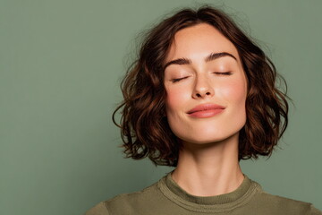 Calm woman with closed eyes on green background, expressing relaxation, peace, self awareness, emotional balance and quiet inner harmony