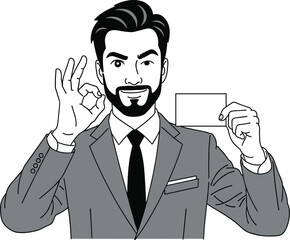Businessman in suit holding blank card, showing okay hand gesture, confident male character illustration, professional corporate concept, success symbol.