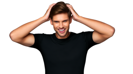 Man with hands in hair and smiling widely wearing a black t-shirt, cut out transparent