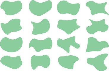 Sixteen organic light green abstract shapes arranged on a white background with transparent background