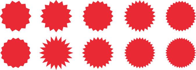 Ten red starburst shapes with varying point counts appear on a white background