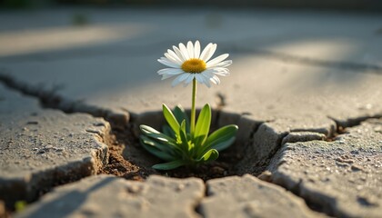 Single white daisy seedling pushes through cracked concrete sidewalk, hope, resilience. Delicate green leaves, bright bloom represent new life, growth, perseverance against tough conditions.