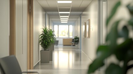 Fototapeta premium Modern Office Corridor with Green Plants and Bright Natural Light