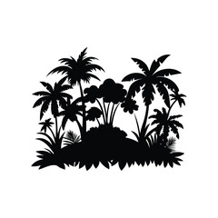 Obraz premium Silhouette of tropical plants and trees in black color over white, jungle bush silhouette vector illustration