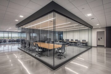 Modern Glass Office Interior with Conference Room and Wood Table, Gray Chairs