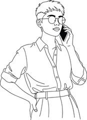 Line art illustration of stylish young woman talking on mobile phone, modern fashion, casual outfit, communication, technology, business lifestyle.