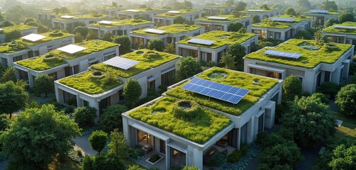 Obraz premium Modern housing development features flat green roofs, solar panels integrated with urban architecture. Eco-friendly residential area supports clean energy, harmoniously blends nature with