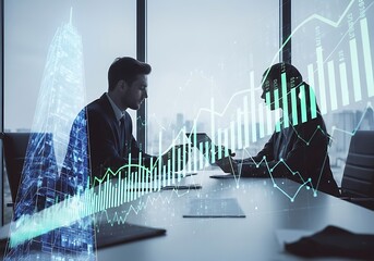 Business meeting with financial growth chart overlay