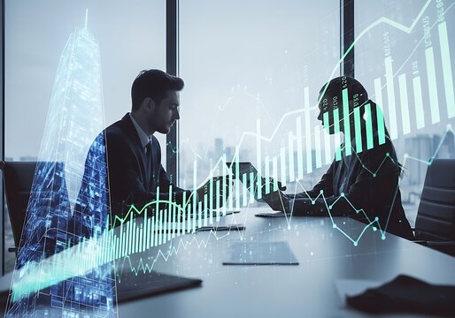 Business meeting with financial growth chart overlay