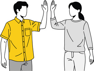 Illustration of man and woman giving high five, teamwork success, partnership concept, cooperation, celebration, friendship, positive gesture, business collaboration.