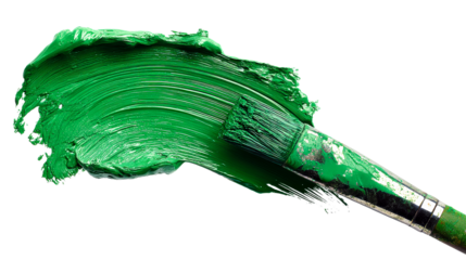 Brush with thick vibrant green paint smear on white, cut out transparent