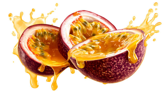 Juicy passion fruit halves with splashing tropical juice and seeds, cut out transparent