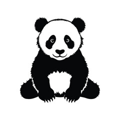 Obraz premium Monochromatic illustration of a sitting panda with detailed fur and sweet expression, panda baby silhouette vector illustration