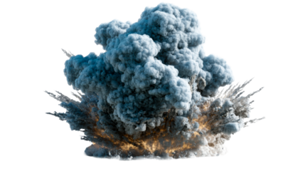 Massive Gray Smoke Cloud Erupts with Fiery Orange Glow and Debris, cut out transparent