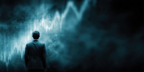Fototapeta premium Image of a young businessman standing with his back turned, holding a stock chart line with a blue glow in his hands