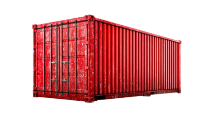 Weathered Red Shipping Container Isolated on White with Reflective Surface, cut out transparent