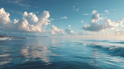 Wide blank sky with ocean horizon and calm water surface, offering minimalist seascape background with tranquil atmosphere and open copy space for design ideas.