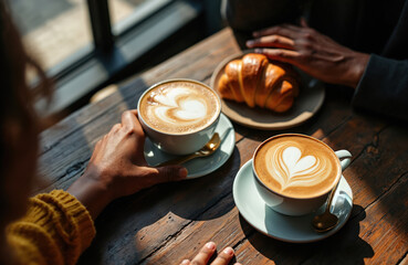 African American couple enjoys coffee and croissant at cafe table. Hands visible holding latte art cups and near pastry. Represents relationships, leisure, and morning breakfast.
