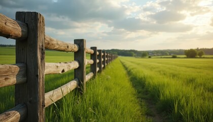 Fototapeta premium Rustic wooden fence borders vast green meadow under cloudy sky. Fence made of thick logs with weathered posts guides eye towards distant treeline. Sunlight filters through clouds, illuminating